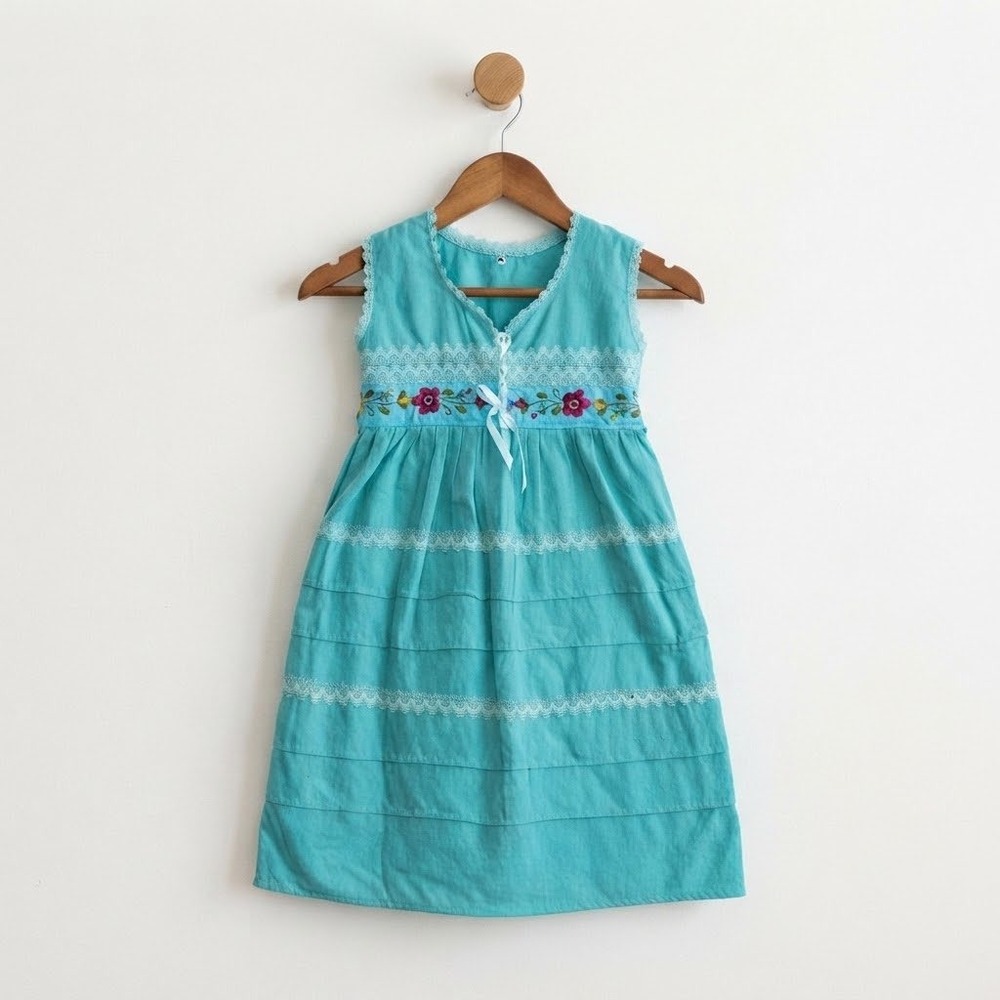 Vintage Girls Turquoise Sleeveless Embroidered Lace Dress Size 10 Mexico